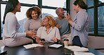 Teamwork, happy or business women with phone for gossip news, social media or blog content reading In office. Friends, startup or group of employee on smartphone smile for networking or communication