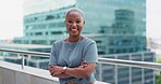 Black woman in city for business portrait while happy and arms crossed outdoor with vision and pride. Face of entrepreneur person with urban buildings and motivation for career goals as future leader