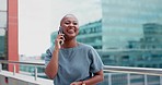 Black woman, business phone call and time management in city outdoor for communication. Entrepreneur person with urban buildings and motivation for networking, schedule and success deal conversation