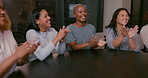 Clapping, applause and diversity people in meeting celebration, success and agreement in business conference. Happy employees, asian and black women in seminar, group circle or team celebrate winning