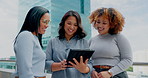 Tablet, balcony teamwork or diversity women review social network, customer experience or girl business ecommerce. Brand monitoring data, talking or media team collaboration on online survey feedback