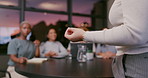 Business people meeting, hands and speaker presentation, mentor speech or leader investment proposal. Communication workshop, explain and woman coaching, teaching or training listening startup team