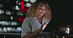 Tablet, dark night balcony and black woman typing review of social network feedback, customer experience or ecommerce. Brand monitoring data, website or media worker working on online survey analysis