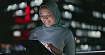 Tablet, night smile or happy woman on balcony reading social network review, customer experience feedback or ecommerce. Brand monitoring data, Islamic or Muslim media worker analysis of online survey