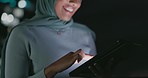 Tablet, night smile or balcony woman reading positive social network feedback, customer experience or ecommerce. Brand monitoring data, Islamic or Muslim media worker analysis of online survey review