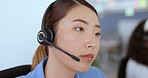 Confused, frustrated and call center woman consulting customer with unhappy, moody and annoyed face zoom. Customer service consultation of asian corporate girl in conversation with difficult client