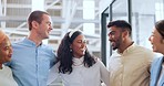 Office, diversity and business people hug for team building, teamwork and collaboration. Happy workers, smile and embrace in motivation, goals or vision of about us, company trust and startup growth