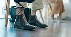 Business people, feet and job interview waiting room with nervous, excited or impatient group. row, job hunting and shoes of candidates in queue for company hiring, recruitment and job opportunity 