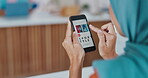 Ecommerce, phone or Islamic woman online shopping for cool, elegant or trendy fashion on online boutique website. Digital ui, internet or Muslim users hands scrolling or searching for fancy clothes