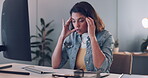 Headache, computer or woman copywriting with stress, burnout or mental health problems at office desk. Migraine, anxiety or employee in pain while working on digital marketing content or media post