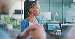 Presentation, planning or black woman on tablet for company website, internet or business page review. Collaboration, teamwork or employee for online strategy, digital marketing proposal or analytics