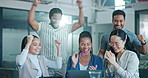 Happy, applause or business people with laptop and smile for company growth, partnership or celebrate target achievement with team. Collaboration or employee for success, winner or target goals