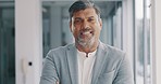 CEO, face or senior businessman with leadership, success mindset or corporate experience in office building. Mentor, portrait or happy Indian manager director with career goals, vision or motivation