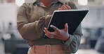 Business woman, hands and working on tablet in office, analytics app and iot. Closeup of worker, digital technology and website planning for internet research, data management and productivity online