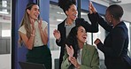 Applause, laptop or women high five to celebrate stock market success, revenue or investment profit. Forex, finance economy or diversity trader team excited for NFT, bitcoin or crypto trading growth