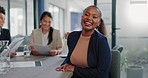 Meeting, happy and face of a business woman in discussion for a corporate project with her team. Collaboration, teamwork and portrait of a African female employee planning a strategy in the office.