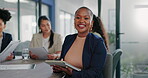 Business, black woman and portrait with tablet in meeting for online planning, strategy and smile. Happy female worker working on digital technology for productivity, connection and happiness in team