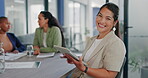 Business, woman and portrait with tablet in office for online planning, strategy and smile. Female worker working on digital technology for productivity, connection and happiness in startup company