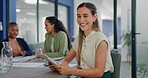 Woman, tablet and portrait in office meeting for online planning, strategy and smile. Happy female worker working on digital technology for productivity, connection and happiness in startup company