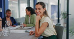 Business woman, portrait and smile in meeting with team, management and company. Happy young female worker at office table for planning, collaboration and motivation of vision, goals or startup trust