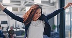 Dance, winning and black woman in office celebration with phone notification, news or feedback on sales or profit. Goals achievement, success and winner employee, worker or person with smartphone