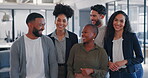 Collaboration, teamwork and business friends laughing together in their office at work for future growth. Portrait, collaboration or laugh with a man and woman team working on their company mission