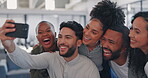 Team, happy or business people take a selfie for company profile picture update or social media online. Creativity, photo or excited employees with collaboration, diversity or teamwork in an office 