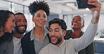 Team, group or excited people take a selfie for company profile picture update or social media online. Crazy, photography or happy employees with collaboration, diversity or teamwork in a fun office 