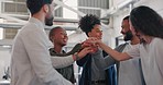 Hands, team building or business people in a huddle for collaboration, group support or mission motivation. Community, men and happy women in partnership for a strategy, project goals or sales target