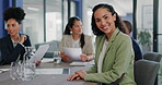 Business, happy woman and portrait in meeting with team, management and company. Young female worker smile at office table for planning, trust and motivation of vision, staff goals or startup support