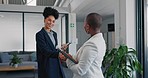 Business woman shaking hands with a client in the office before a meeting, onboarding or partnership. Corporate, collaboration and team of African female employees greeting or doing deal in workplace