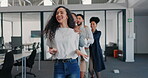 Dance, fun and people team building, celebration and energy for office mental health, wellness and group leadership. Business employees, worker or black woman manager dancing with staff in workplace