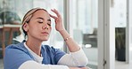 Doctor, woman and headache in hospital for burnout, stress or anxiety from medical career pressure. Frustrated professional medic, nurse and clinic job with tired face, depressed or sitting on floor