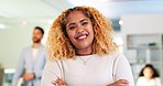 Face, business and black woman arms crossed, smile and manager in modern office, leadership skills and new project. Portrait, female employee and leader with confidence, sales growth and happiness