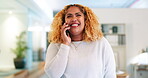 Phone call, communication and laughing with a business black woman talking or joking in her office at work. Mobile, contact and laugh with a female employee networking while enjoying silly humor