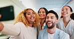 Smile, group or excited people take a selfie for company profile picture update or social media online. Crazy, photography or happy employees with collaboration, diversity or teamwork in a fun offic