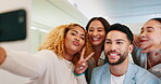 Peace, office or excited people take a selfie for company profile picture update or social media online. Crazy group, fun photography or happy employees with collaboration, diversity or teamwork 