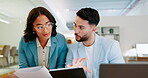 Teamwork, tablet or documents with a man and woman in business planning strategy together in the office. Collaboration, meeting or talking with male and female employee team working on innovation