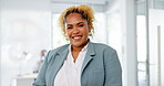 Portrait, leader and happy business woman in modern office smiling for future of company and growth. Employee, entrepreneur or worker with a positive mindset in workplace, startup or agency