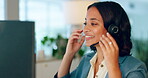 Headset, call center and happy woman in telemarketing,  communication and virtual support or consulting job. Business consultant, corporate agent or person headphones, crm technology and career start