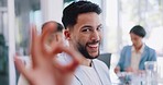 Perfect, happy and portrait of a businessman with a hand in a meeting for success, planning and ok. Smile, seminar and face of an employee with an emoji sign for a deal, agreement or support