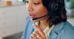 Business woman, call center and mic for telemarketing, customer support or help advice with headset at the office. Female consultant or agent in contact us consulting for online sales or marketing