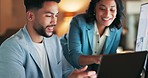 Man, woman and tablet in office at night for analytics, research and information technology with teamwork. Businessman, web design discussion and mobile touchscreen at pc, data analysis and mentor