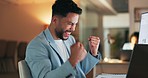 Happy businessman, laptop and celebration for winning, deal or promotion at the office desk. Excited male celebrating victory, win or bonus for sales achievement working on computer at the workplace