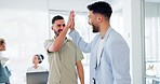 Office, high five and men greeting at work with smile walking in lobby of creative startup together. Hello, trendy business friends and excited employees greet with hands, happy smile and friendship.