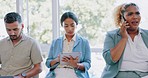 Recruitment, job interview and hiring waiting room with business people preparing for hr meeting. Queue, we are hiring or group sitting together at startup company for employment, job or opportunity