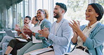 Applause, business people and smile in conference, workshop and motivation in convention room. Happy workers clapping hands in seminar of success, goals and team inspiration in presentation meeting