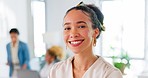 Business woman, smile and happy portrait of a social media employee in a office. Tech research, young female and seo innovation worker with staff ready for database growth and strategy in a company