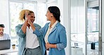 Office, high five and women greeting at work with smile walking in lobby of creative startup together. Hello, trendy business friends and excited employees greet, hands, happy smile and friendship.