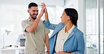 Office, high five and men greeting woman at work with smile walking in lobby of creative startup together. Hello, business friends and excited employees greet with hands, happy smile and friendship.